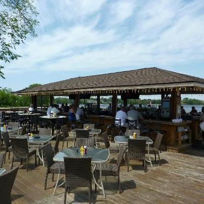 People sitting at the outside bar.