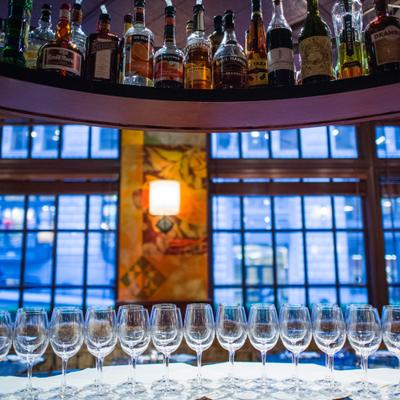 Interior, bar, assorted spirits and glasses