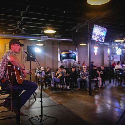 A musician performing on a stage in front of seated guests.