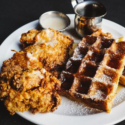 Chicken and Waffle, with maple syrup.