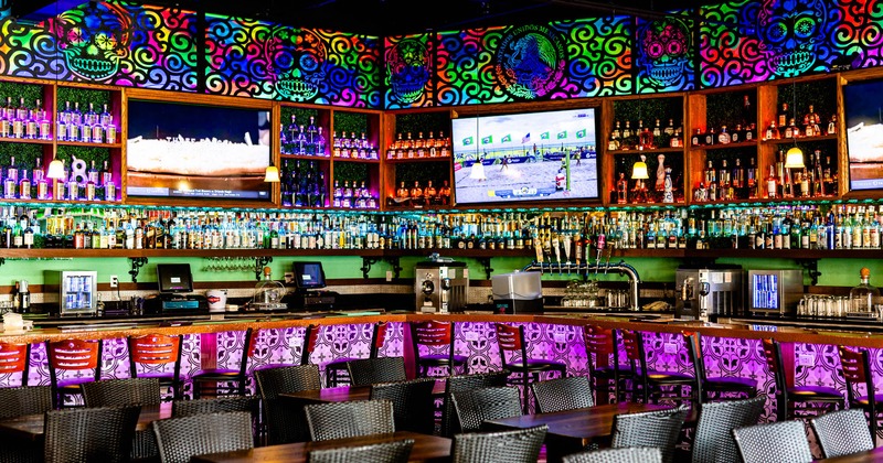 Interior, a full bar with colorful walls