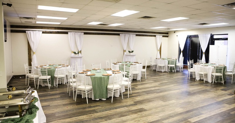 Interior, chairs and tables set for guests
