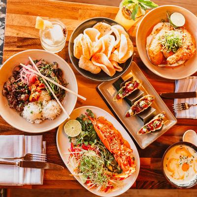 Assortment of dishes and drinks, overhead view