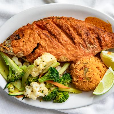 Fried whole fish, with rice, and salad