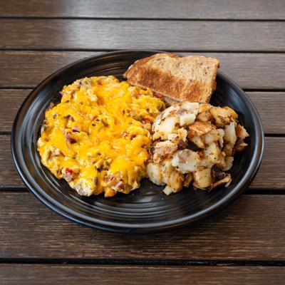 Denver omelet, with potatoes and toast.