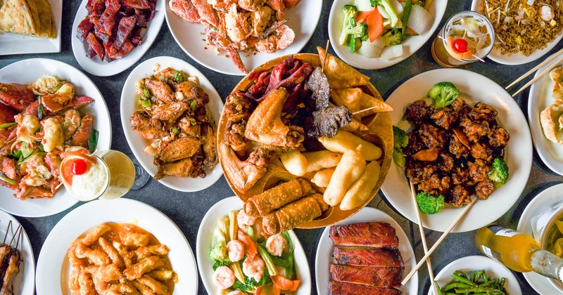 Assortment of dishes and drinks, overhead view