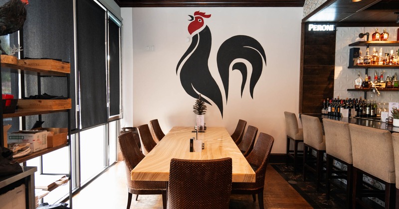 Interior, large wooden table and chairs