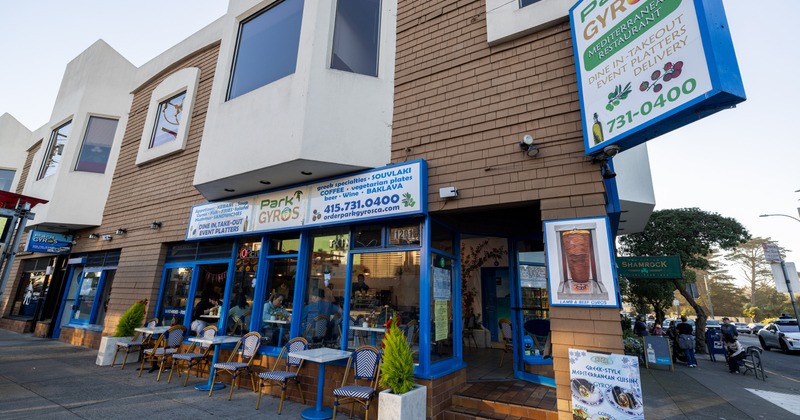 Exterior, wide view to restaurant and side walk in front