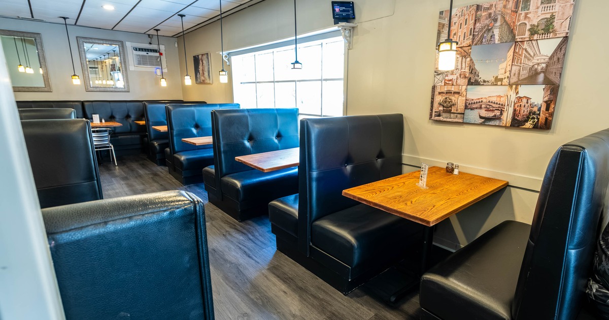 Interior, seating area with booth tables