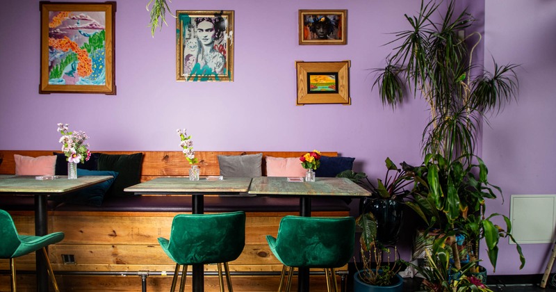 Interior, tables, chairs and a long wooden bench