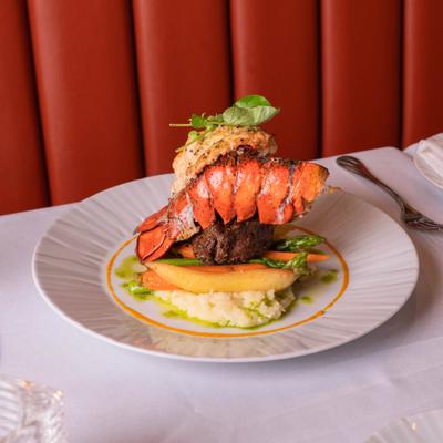 Surf and Turf dish served on the table.