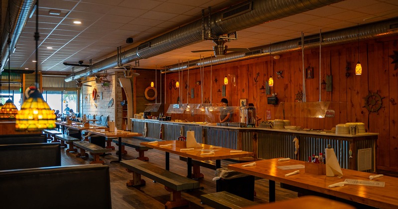 Interior, tables and chairs all lined up ready for guests