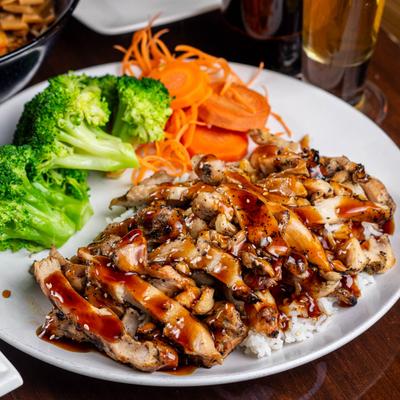 Chicken Teriyaki with rice, broccoli, and carrots.