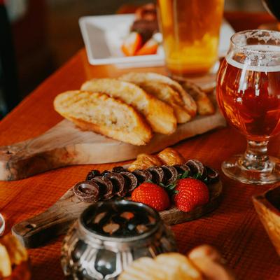Various food and drinks served on the table