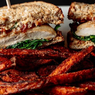 Chicken sandwich and sweet potato fries.