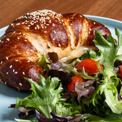 Pretzel Croissant and salad.