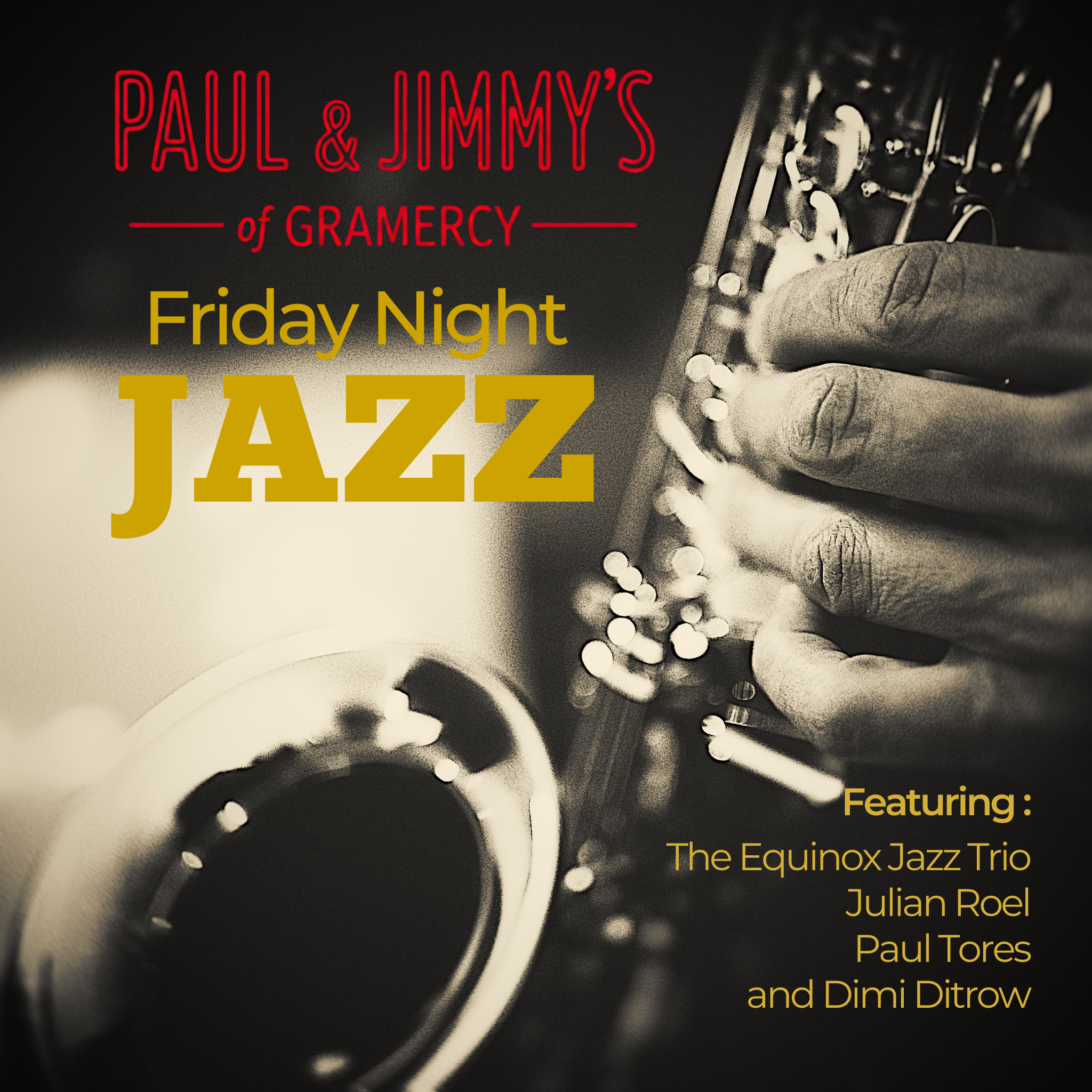 A musician holding a saxophone, the text is announcing a live Jazz Event and the musicians playing at the event.