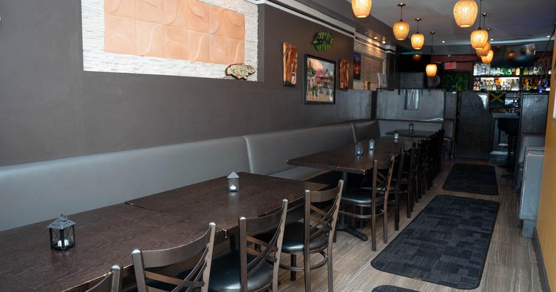 Interior, tables and seating benches lined up