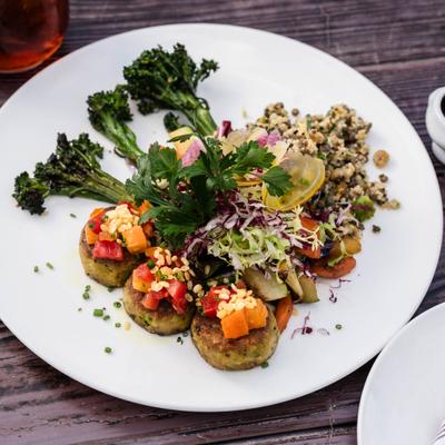 Masala Potato Patties with red lentil-quinoa salad and crisp mixed vegetable.