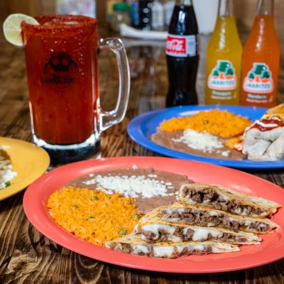 Steak quesadillas, served with rice and beans.