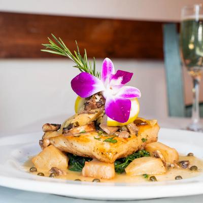 Grilled halibut over a bed of arugula with capers, garnished with rosemary and a purple orchid.