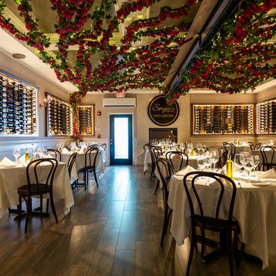 Round tables ready for guests.