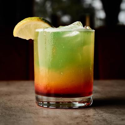 Rainbow Fury cocktail, side view.