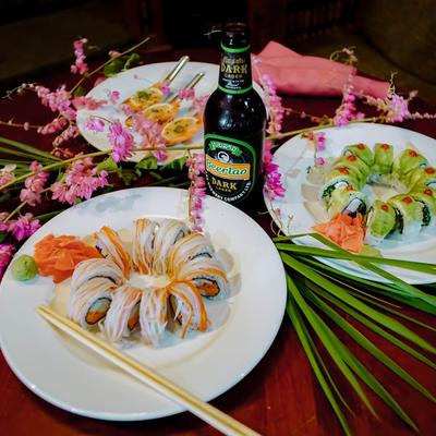 Sushi Roll Spread with beverage