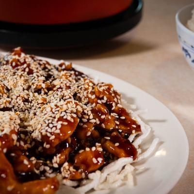 Sesame chicken, closeup.