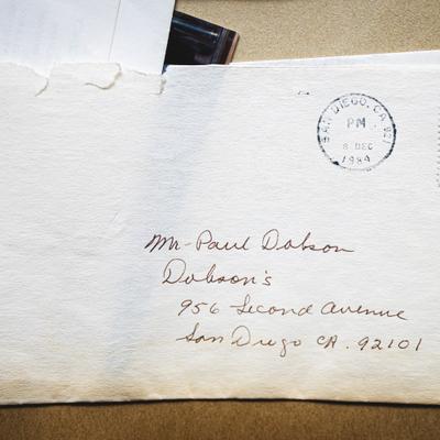A handwritten name and address on an envelope with the San Diego postmark from 1984