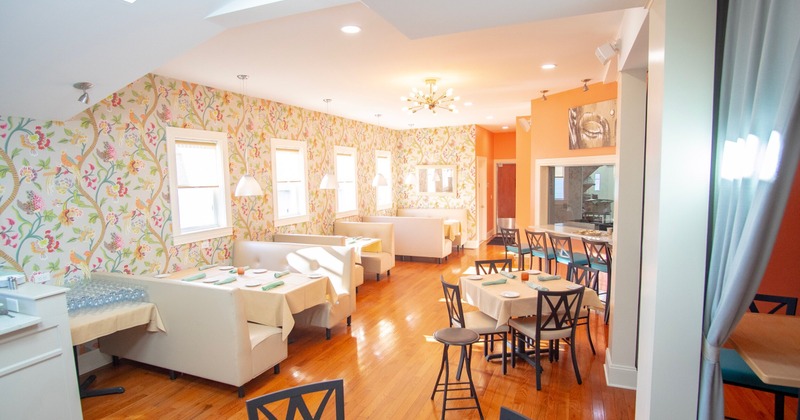Interior, dining area with set tables