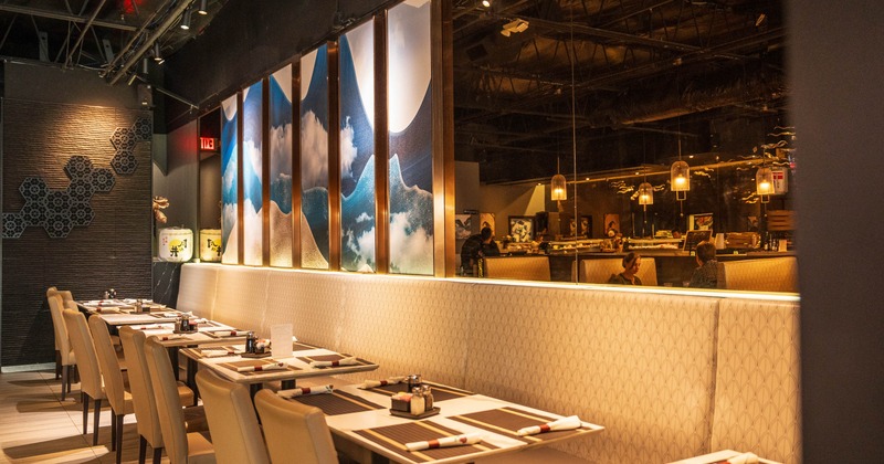 Interior, tables and chairs in dining area