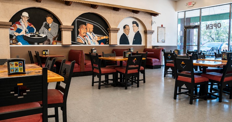 Interior, dining area, entrance, wooden top tables with chairs, seating booths