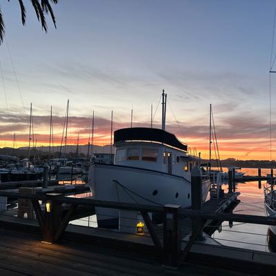 A docked boat in the marina with a sunset background.