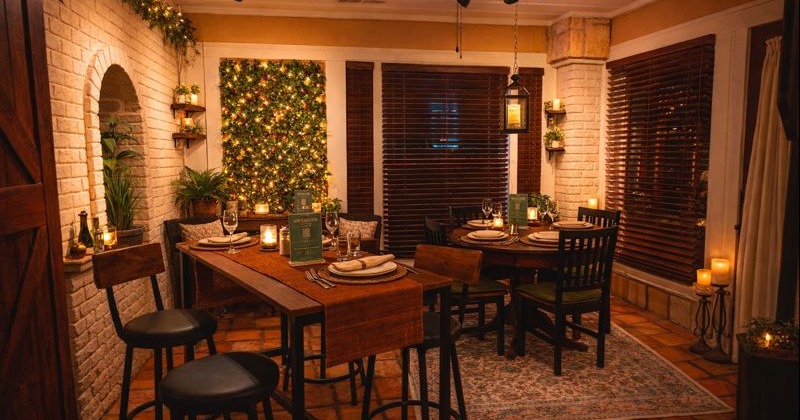 Cozy restaurant dining room with warm lighting, candles, and decorated greenery