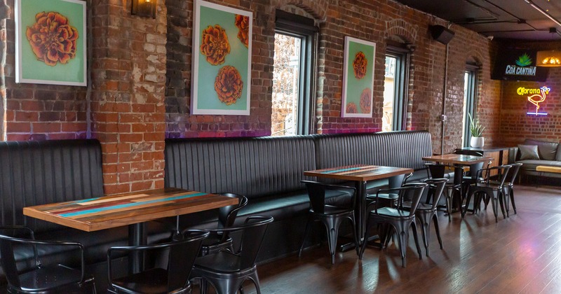 Interior, seating area, framed photos on the wall