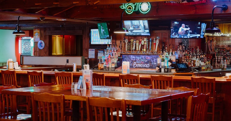 Interior, seating area, bar area in the back