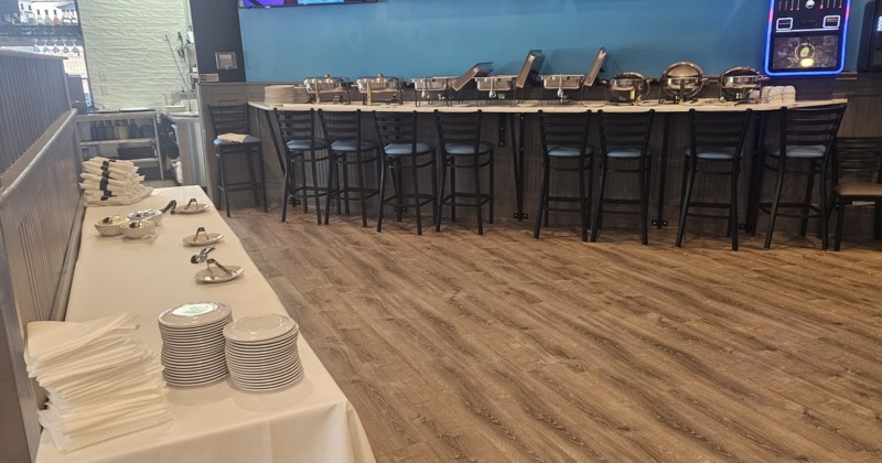 Buffer setup with various dishes and plates