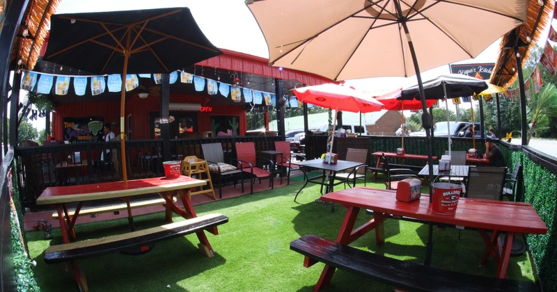 Exterior, patio, tables, benches, parasols