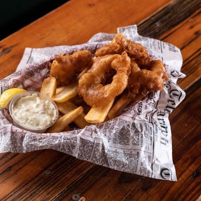 Deep fried prawns and fries.