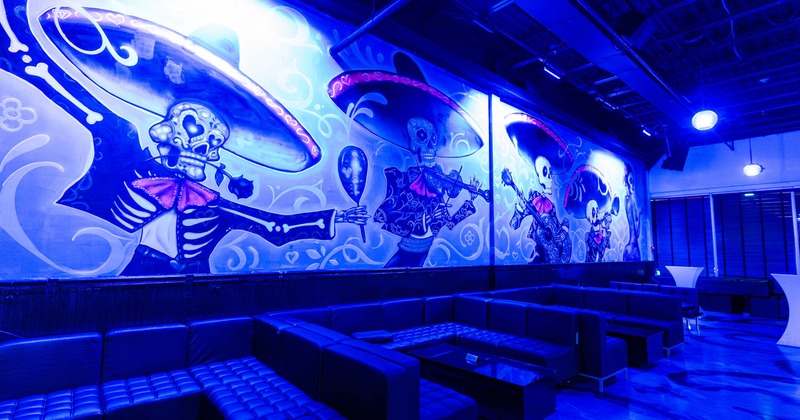 Interior seating area, mural on the wall