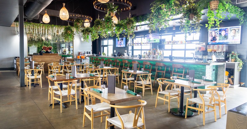 Interior, wide view to diner area, tables, chairs