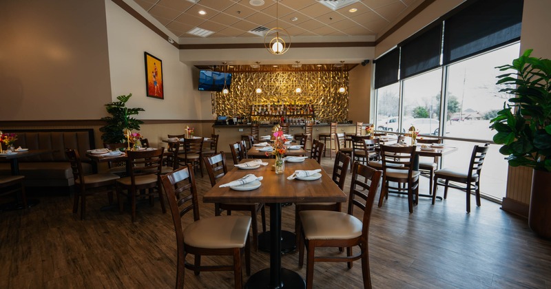 Interior, tables and chairs lined up