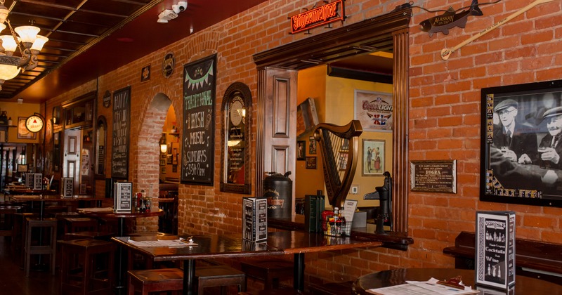 Interior, red brick wall seating area