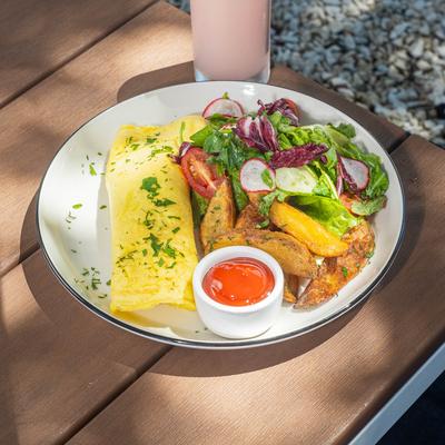 Omelet served on the table.
