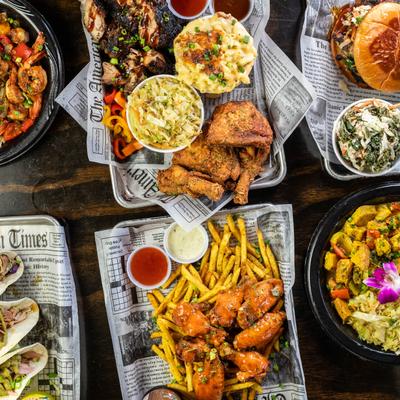 An assortment of dishes, top view.