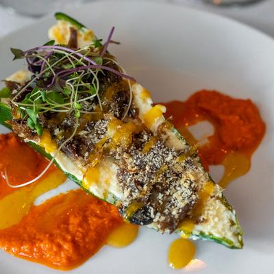 Confit stuffed poblano pepper.