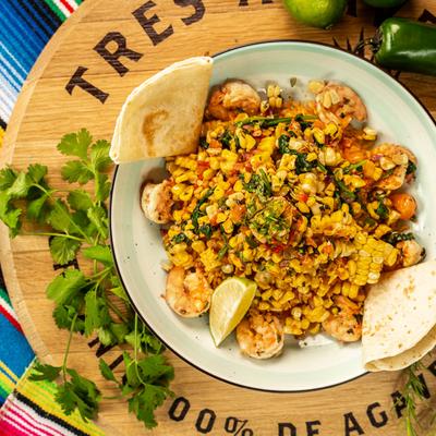 Shrimp, spinach, corn salsa, lime, rice, and tortillas.