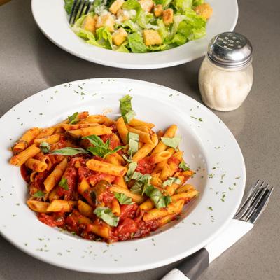 Penne Arrabbiata and Caesar salad.