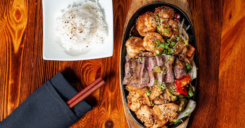 Grilled meat and mixed vegetables closeup